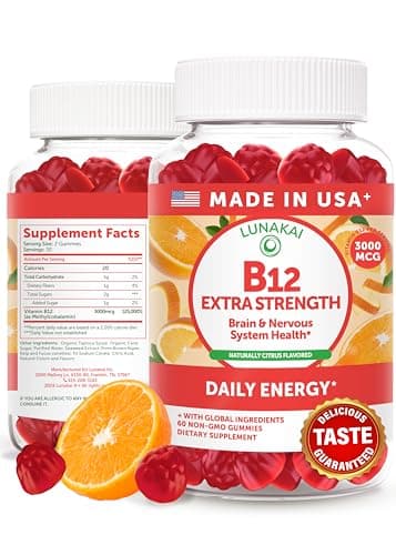 Lunakai Extra Strength 3000mcg Vitamin B12 Gummies - USA Made, Delicious Daily Energy & Metabolism Support - Vegan B12 Methylcobalamin Supplement 60ct