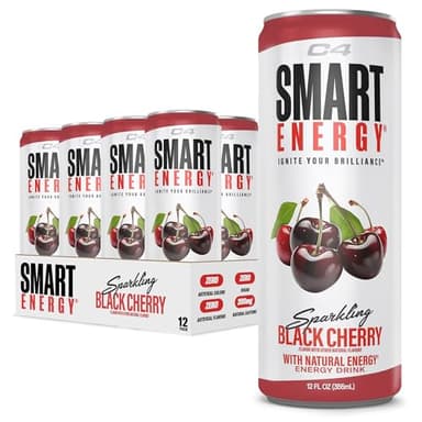 C4 Smart Energy Drink – Boost Focus and Energy with Zero Sugar, Natural Energy, and Nootropics - 200mg Caffeine - Black Cherry (12oz Pack of 12)