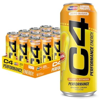 Cellucor C4 Energy Drink x Hawaiian Pineapple Popsicle, Carbonated Sugar Free Pre Workout Performance Drink with no Artificial Colors or Dyes, 16 Oz, Pack of 12