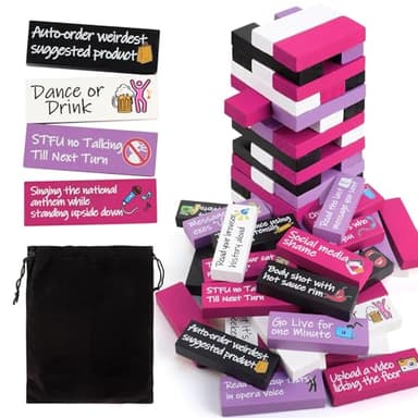 Odewhine Drinking Games for Adults, 54-Piece Wood Block Set with 10 DIY Blanks & 44 Social Challenges for Team Building & Party, 4-Color Design with Storage Bag for Parties, Gifts, Game Nights