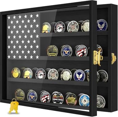 Military Challenge Coin Display Case 16 x 12 in, Wooden American Flag Shadow Box with Anti-Dust UHD Acrylic Door, Gold-Antitheft Lock & Wall Mount, Gift for Collectors (Black Large)