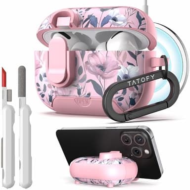 TATOFY for AirPod Pro 1st & 2nd Gen Case with Phone Stand Lock Carabiner Cleaning Kit, Floral AirPods Pro Hard Shell Dustproof Cover for Women, MagSafe Compatible (Pink 2, AirPods Pro & Pro 2)