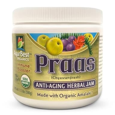 AyurBest Organic Praas / Chyawanprash - 100% USDA Certified Organic Herbal Jam, Made in USA, Kosher, 1.1 lb(500g) Single Jar made with Amla, Ashwagandha for Immune support and antioxidants