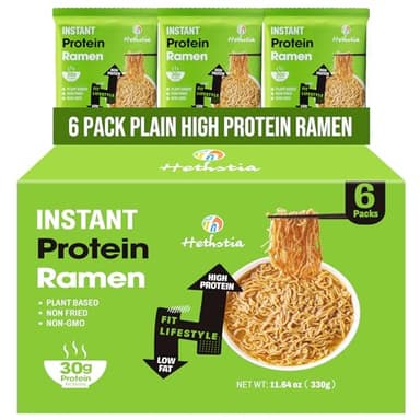 Hethstia High Protein Ramen Plain, 6 Pack Instant Ramen Noodles – 30g Plant Protein, Vegan, Non-Fried, Non-GMO, Sugar-Free, Low Fat, Healthy Quick Meal Base for Lunch, Dinner or Post-Workout