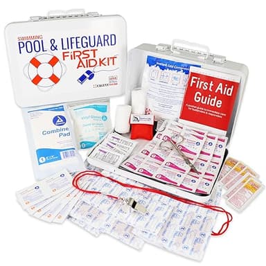 Swimming Pool & Lifeguard First Aid Kit - Sturdy Water-Resistant case, Signalling Whistle & More, Home, Office, or Sports - Safe Fun in The Sun Poolside - Made in USA