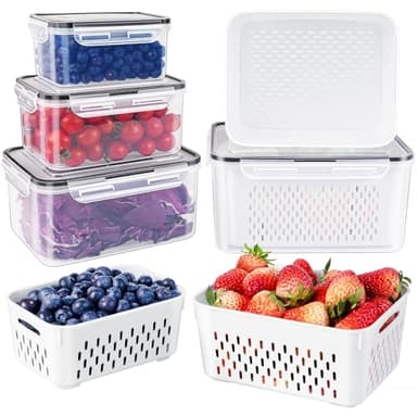 Freshmage Fruit Storage Containers for Fridge with Removable Colander, Airtight Food Storage Container, Dishwasher Safe Produce Saver for Refrigerator, Keep Berry Fruit Fresh Longer 4 pcs Small Clear