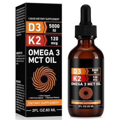 Vitamin D3 5000 IU & K2 (MK-7) 120 mcg 60ml Drops with MCT Oil Omega 3, Liquid Vitamin D3 & K2 Supplements - 2 Months Supply -Supports Bones, Teeth, Mood & Immune System, Calcium Absorption