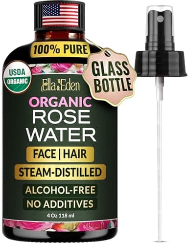Ella & Eden Organic Rose Water Spray for Face, Hair - Hydrating, Refreshing Face Mist - USDA Certified 100% Pure Steam Distilled Hexane-Free - 4 Fl Oz