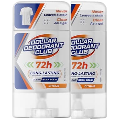 Dollar Deoderant Club (2 Pack) Premium Clear Stick Antiperspirant Deodorant. Clear Stick Solid, Not a Gel, Guaranteed to Never leave white marks. Citrus Scent 72-Hour Sweat & Odor Protection 2.7 oz