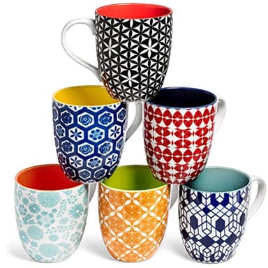 Annovero Large Coffee Mug Set of 6 - Porcelain Cups for Women or Men - Microwave & Dishwasher Safe, Chip Resistant, Zero Lead & Cadmium, for Tea, Cocoa, or Hot Chocolate, 16 Fluid Ounce Capacity