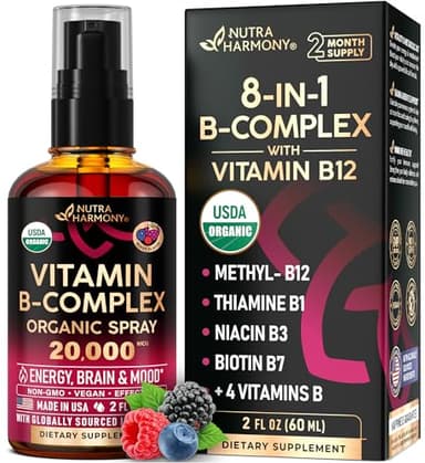 USDA Organic Vitamin B-Complex Liquid Spray 8-in-1 - B5 Pantothenic Acid | B12 Methylcobalamin | B1 Thiamine | B6 Pyridoxine | B7 Biotin | B9 Folic | B3 Niacinamide - Made in USA Supplement, 2fl oz
