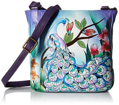 Anna by Anuschka Women's Genuine Leather Medium Cross Body | Hand Painted Original Artwork | Midnight Peacock, One Size