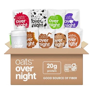 Oats Overnight Party Variety Pack - High Protein, High Fiber Breakfast Protein Shake - Gluten Free Oatmeal, Non GMO Oatmeal - Cookies & Cream, Coconut Cream Pie & More Flavors (8 Pack + Shaker Bottle)