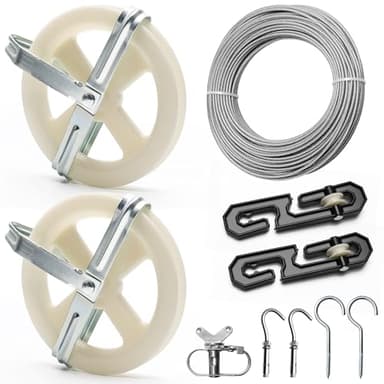 Anglekai Outdoor Clothesline Kit, Clothesline Pulley Kit Include 150FT Clothes Line/ 2 Pulley/ 2 Separator Spreader/Tightener/ 4 Hooks for Outdoor Clothes