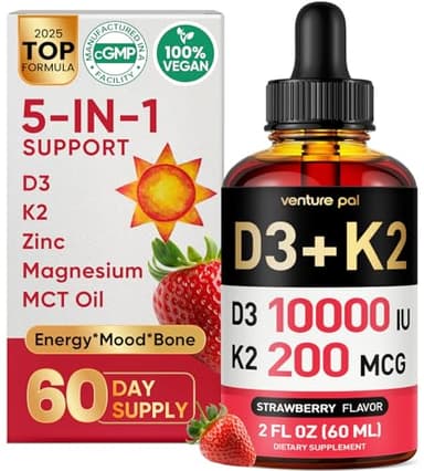 Venture Pal 5-in-1 Vitamin D3 10000 IU & K2 as MK-7 200mcg with Magnesium, MCT Oil, Zinc, Sugar-Free Vitamin D Liquid |Maximum Absorption for Bone, Mood & Immune Health - 2 FL OZ, 67 Days