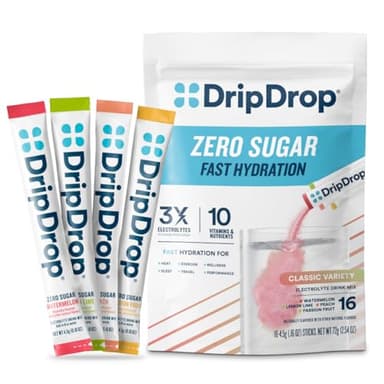 DripDrop Sugar Free Hydration Packets - Zero Classic Variety Pack - Single Serve Electrolytes Powder Drink Mix - Lemon Lime, Watermelon, Peach, Passion Fruit - Non-GMO, Gluten Free, Vegan - 16 Sticks