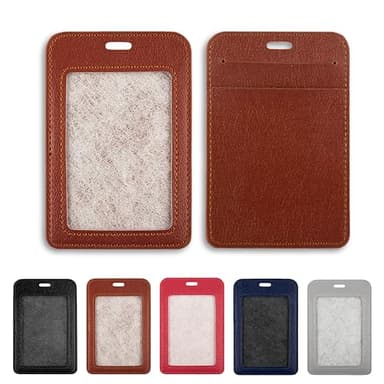 1 Pcs Leather ID Badge Holder - Vertical, Brown, Multiple Card Slots for Offices, Staff, Students, Employees