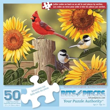 Bits and Pieces – 50 Piece Jigsaw Puzzle for Adults – Sunflower & Songbirds - Cardinals Jigsaw Puzzle by William Vanderdasson, Completed Puzzle Size: 15" x 19"