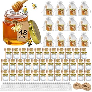 Aliggbent 48 Pack Mini Honey Jars Party Favors in Bulk, 1.5 oz Small Hexagon Glass Honey Jars with Dippers, Gold Lids, Bee Charms, Gift Bags and Jute - Great for Baby Showers, Weddings & Birthdays