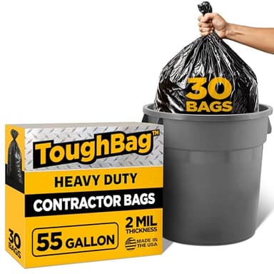 ToughBag 55 Gallon Contractor Trash Bags, 2 Mil Thick (30 Count) - Heavy Duty Drum Liners, Industrial & Commercial Black Garbage Bags - Made in USA