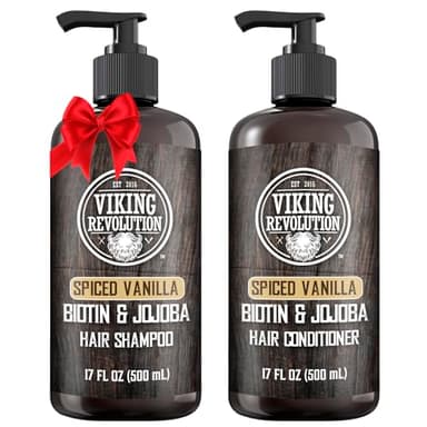 Viking Revolution Spiced Vanilla Mens Shampoo and Conditioner Set with Biotin and Jojoba Oil - Natural Hair Shampoo and Hair Conditioner for Men with Vitamin B5 - Mens Shampoo for Thinning Hair (17Oz)