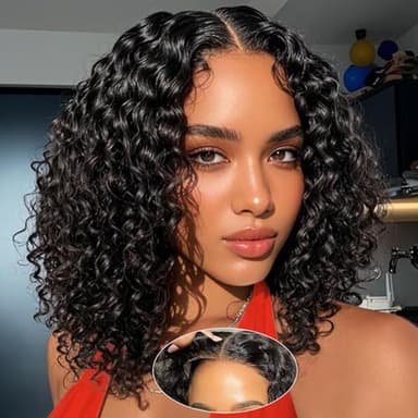 UCUVIC Curly Bob Wig Human Hair 5x5 Wear And Go Glueless Wigs Human Hair Pre Plucked Pre Cut Deep Wave Lace Front Closure Wigs For Black Women 200 Density Curly Wig Glueless Wear And Go Black 12 Inch