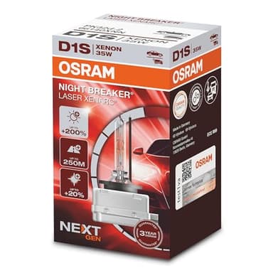 OSRAM XENARC NIGHT BREAKER LASER D1S, Next Generation, 200% more brightness, HID xenon bulb, 66140XNN, folding box (1 lamp), white