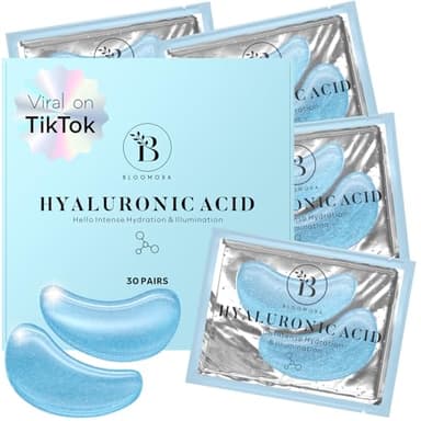 BLOOMORA Hyaluronic Acid Under Eye Patches (30 Pairs) - For Dark Circles & Puffiness - Hydrating Eye Mask for Care