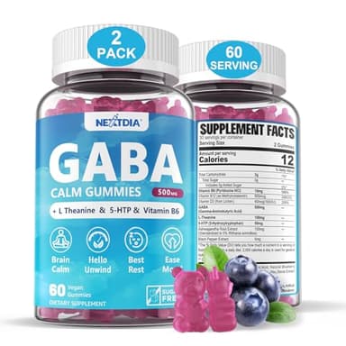 GABA Gummies 500 mg - Sugar-Free Calm Gummies with L Theanine, 5-HTP, Vitamins D3, B12, Ashwagandha, Melatonin-Free for Brain Calm, Mood, Zzz Better, GABA Supplement for Adult, Blueberry Flavor, Vegan