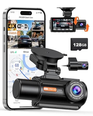 PIOJER 3 Channel 4K Dash Cam with STARVIS 2 Sensor, Free 128GB Card and WiFi 6 up to 20MB/s, Dash Camera for Cars with Front Rear Inside, 4K 2K 1080P, IR Night Vision, GPS, 24H Parking Mode, G-Sensor