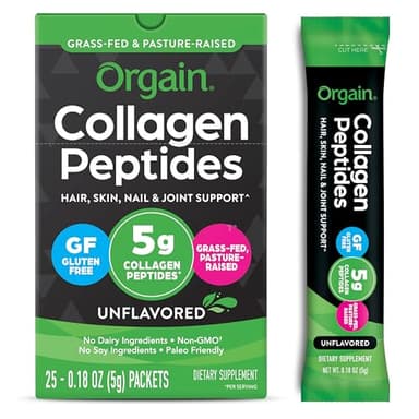 Orgain Hydrolyzed Collagen Peptides Travel Packets For Women & Men - 5g Grass Fed Collagen Per Serving, Hair, Skin, Nail & Joint Support Supplement, Non-GMO, Type I & III - Unflavored (25 Count)