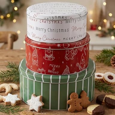 KIBAGA Beautiful Christmas Cookie Tins Set of 3 - Cute Containers with Lids