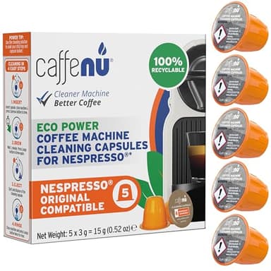 Caffenu Nespresso Compatible Cleaning Pods. 5 Cleaner Capsules. Improved Coffee Flavor. For Nespresso Originaline, Use with Descaling Kit.