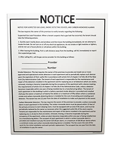NYC Article 312 - "Notice For Suspected Gas Leaks, Smoke Detecting Devices, and Carbon Monoxide Alarm" - 16" x 20" PVC Sign