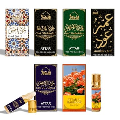 Dukhni Maamoul Attar Oil Set Arab perfume oils for men and women | 6 assorted scents x 6ml | Arabian oud oil fragrances | Sampler Gift set, Halal & Vegan Islamic Scents