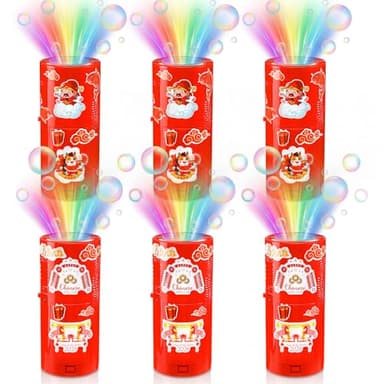 Teyva Daily 6 Pcs Chinese New Year Fireworks Bubble Machine with 6x80ml Bubble Solution, 12 New Year Stickers, Portable Automatic Machine with Lights and Closeable Music