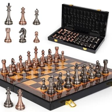 Luxury Metal Chess Set with 15 Inch Wooden Chess Board | Weighted Metal Chess Pieces | 2 Extra Queens | Professional & Tournament Style Chess Set for Adults | Elegant Game Room & Office Decor