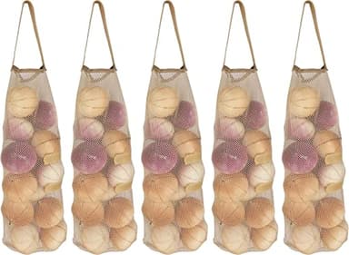 GINFH Hanging Mesh Storage 5Pack Potato & Onion Bags - Large Reusable Net Produce Bags (Beige)
