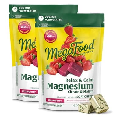 MegaFood Relax + Calm Magnesium Complex with Magnesium Citrate & Malate for Heart Health, Muscle Tension & More – Doctor Formulated - Vegetarian – Strawberry Flavor - 30 Soft Chews (2 Pack)