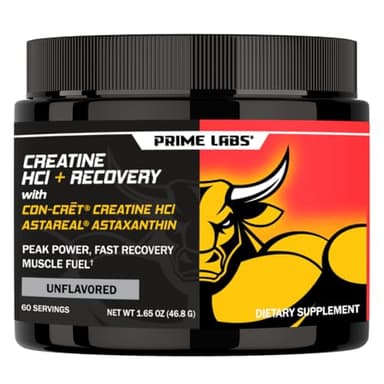 Prime Labs Creatine HCl Powder with AstaReal Astaxanthin 6mg - Supports Muscle Recovery & Brain Health - Con-Cret Creatine HCl (7X More Concentrated Than Monohydrate) - 60 Servings