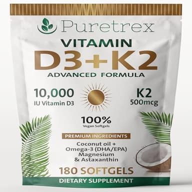 PURETREX Vitamin D3 10,000 IU + K2 MK-7 (500mcg) | High-Strength Vegan D3 from Lichen | Omega-3 DHA/EPA, Astaxanthin, Black Seed Oil & Algal DHA | Immune, Bone, Heart & Muscle Support | 180 Softgels