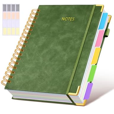 Hardcover Spiral Notebook journal with Removable Dividers Tabs, 300 Pages Leather 5 Subject Notebook College Ruled, 8"x10" Large B5 Notebooks for Work School Note taking, Lined Journal for Women,Green