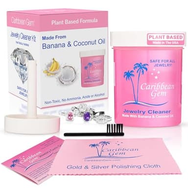Caribbean Gem Jewelry Cleaner Kit 8oz with Basket, Brush & Polishing Cloth - All Purpose Jewelry Cleaner Solution for Gold, Silver, Diamonds, Rings, Necklaces, Gems, Precious Stones & Metals