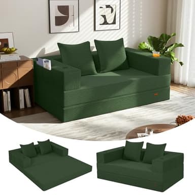 COMAX Futon Sofa Bed, 4‑in‑1 Convertible Sofa Bed, Folding Boneless Couches for Living Room, Fold Out Small Foldable Loveseat Floor Sleeper Comfy Mattress Lounge Space‑Saving, Green