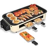 Electric Indoor Grill 1500W, YOHAWJAN 2 in 1 Smokeless Indoor Grills with Non-stick Removable Grill & Griddle Plate, Temperature Control, Portable Korean BBQ Grill with 3 Raclette Cheese Pans