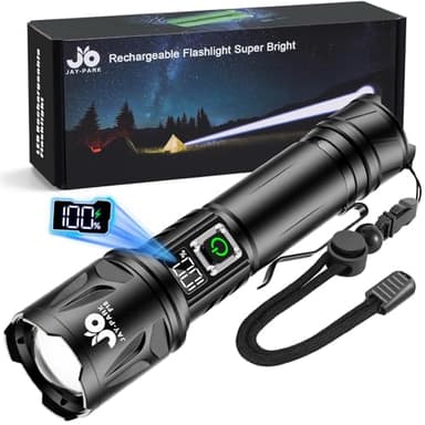 JAY-PARK High Lumen Flashlight - 100000 Lumens, Rechargeable 5000mAh with LCD Display, Zoomable Long Beam (3000m), IP67 Waterproof, 5 Modes & Belt Clip - for Camping, Dog Walking