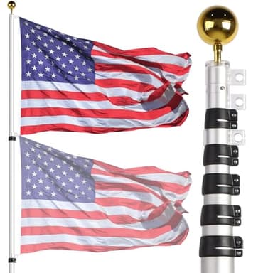 NELXINJO 20ft Telescopic Flag Pole - Extra Thick Outdoor Telescoping Flag Poles with 3x5 American Flag for Residential or Commercial,Silver