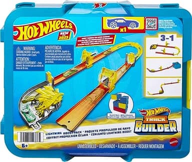 Hot Wheels Toy Car Track Set, Track Builder Playset Lightning Boost Pack & 1:64 Scale Vehicle, 12 Component Parts in Modular Storage Container