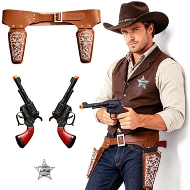 Cowboy Holster Gun Set,Western Cowboy Guns with Holsters,Brown Prop Gun for Western Cowboy Accessory,Halloween Party,2 Fake Guns,2 Gun Holsters and 1 Badge