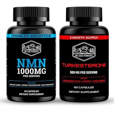 Black Forest NMN 1000mg NAD Support Supplement and Turkesterone 500mg Strength Performance Bundle with BioPerine Enhanced Absorption